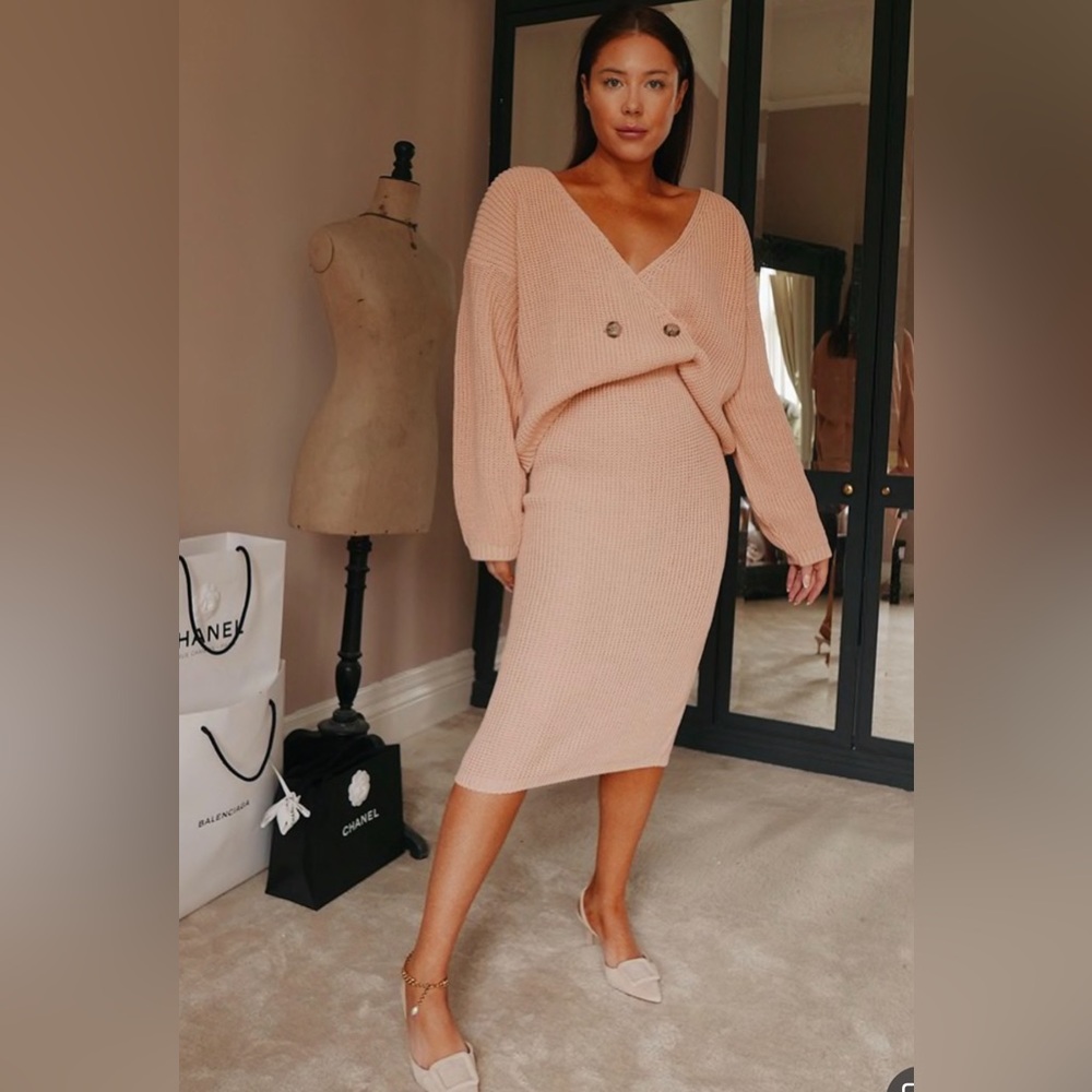 ASOS Lorna luxe pink knit cardigan sweater midi skirt set